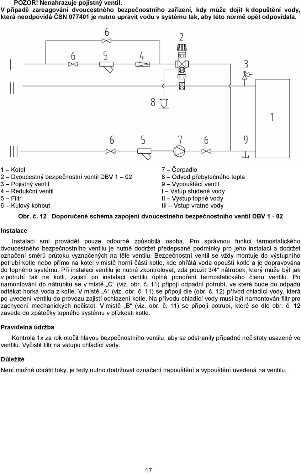 1 Kotel 2 Dvoucestný bezpečnostní ventil DBV 1 02 3 Pojistný ventil 4 Redukční ventil 5 Filtr 6 Kulový kohout Instalace 7 Čerpadlo 8 Odvod přebytečného tepla 9 Vypouštěcí ventil I Vstup studené vody