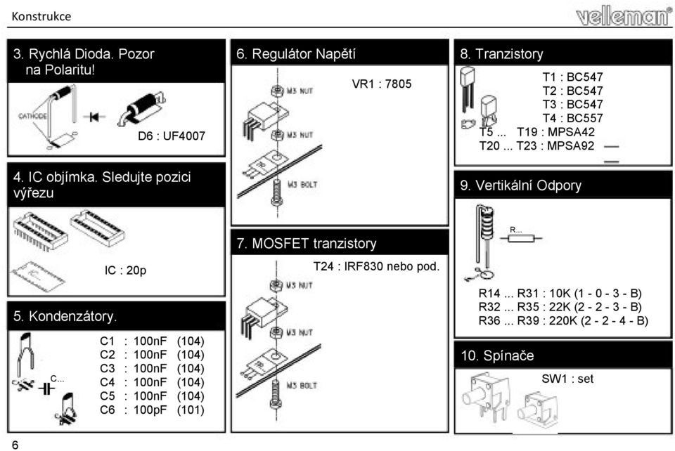 MOSFET tranzistory R... IC 20p T24 IRF830 nebo pod. 5. Kondenzátory. R14... R31 10K (1-0 - 3 - B) R32.
