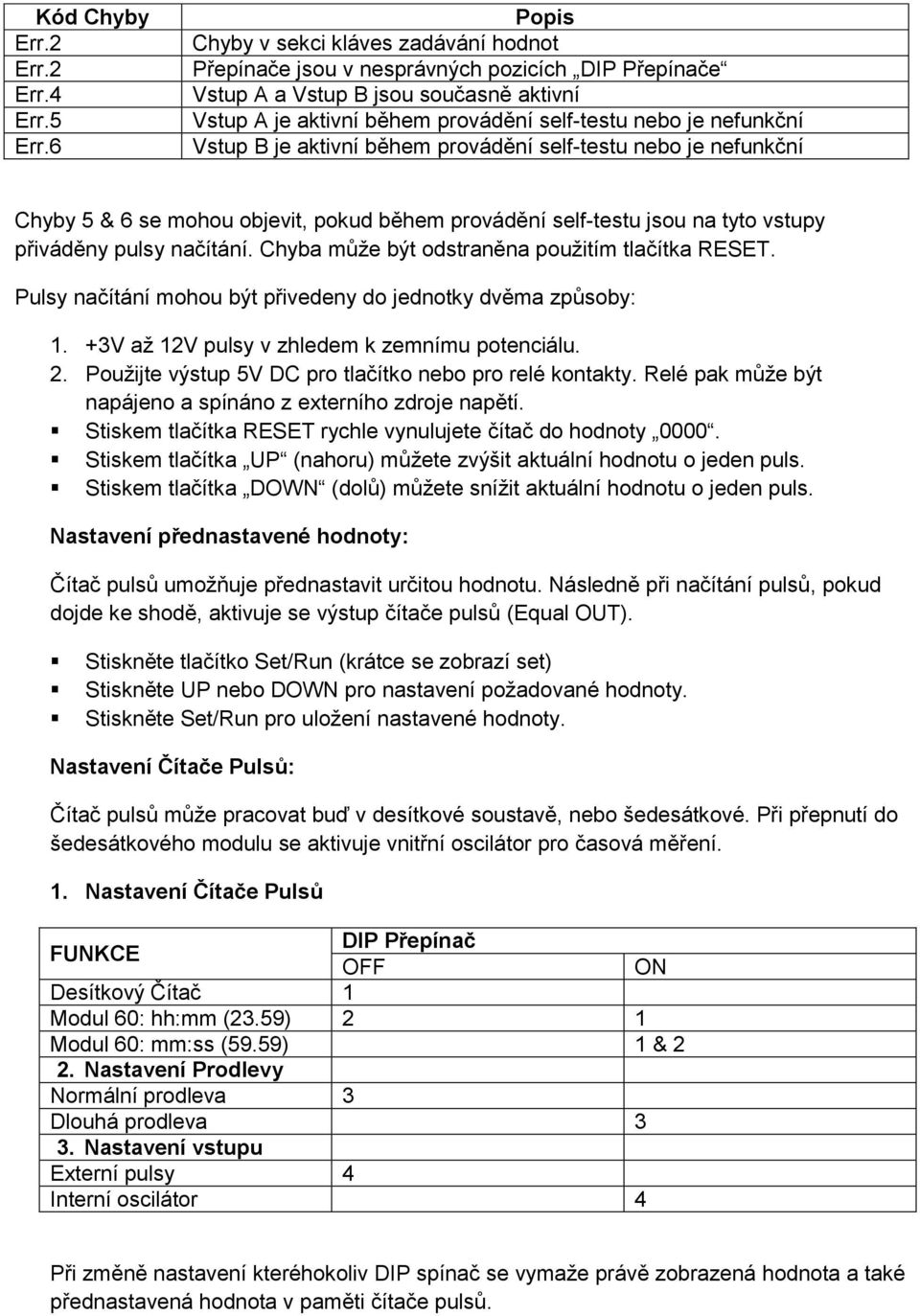 nefunkční Vstup B je aktivní během provádění self-testu nebo je nefunkční Chyby 5 & 6 se mohou objevit, pokud během provádění self-testu jsou na tyto vstupy přiváděny pulsy načítání.