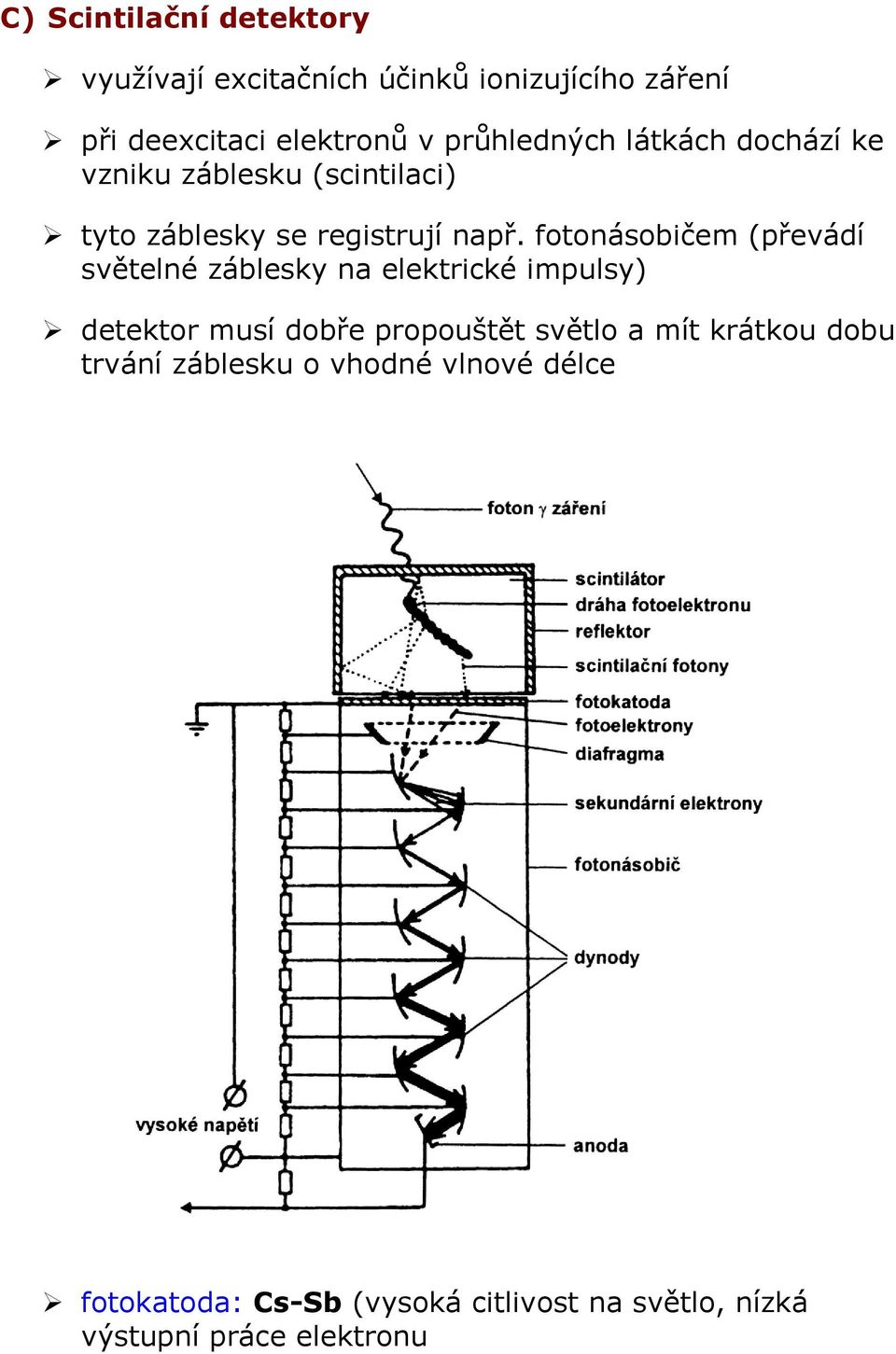 fotonásobičem (převádí světelné záblesky na elektrické impulsy) detektor musí dobře propouštět světlo a mít