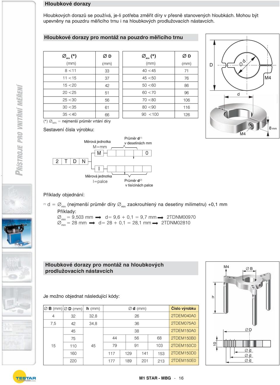 výrobku: 2 T D N Měrová jednotka M=mm M I, Měrová jednotka I=palce 5 <6 6 <7 7 <8 8 <9 9 <1 Průměr d (1) v desetinách mm, Průměr d (2) v tisícinách palce 86 96 16 116 126 d M4 8 mm Příklady