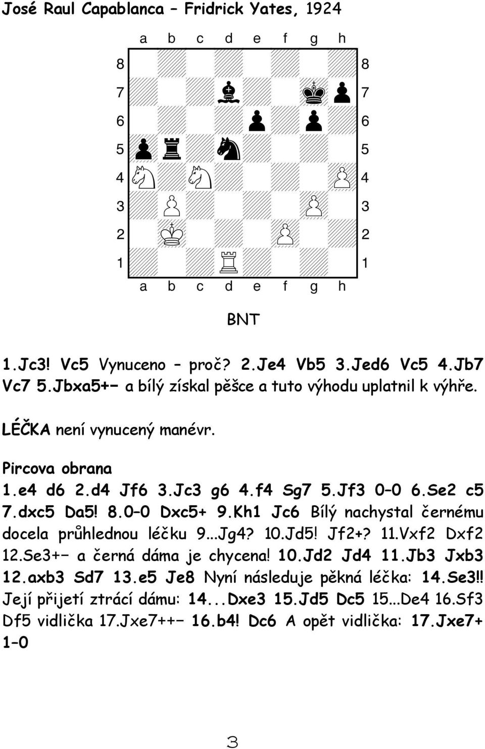 Se2 c5 7.dxc5 Da5! 8.0 0 Dxc5+ 9.Kh1 Jc6 Bílý nachystal černému docela průhlednou léčku 9...Jg4? 10.Jd5! Jf2+? 11.Vxf2 Dxf2 12.Se3+- a černá dáma je chycena! 10.Jd2 Jd4 11.