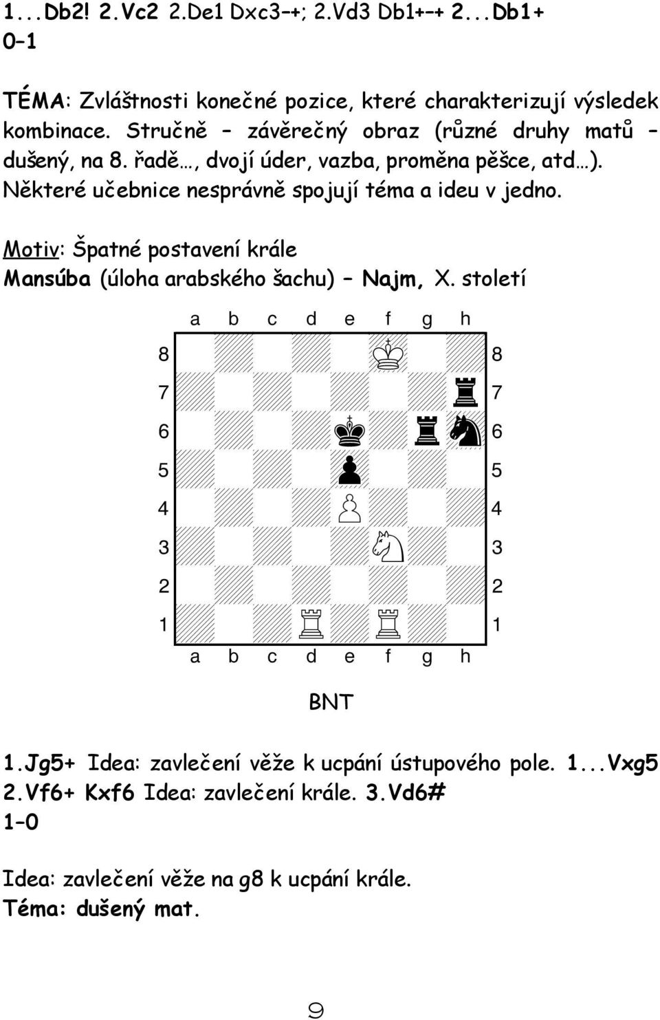 Některé učebnice nesprávně spojují téma a ideu v jedno. Motiv: Špatné postavení krále Mansúba (úloha arabského šachu) Najm, X.