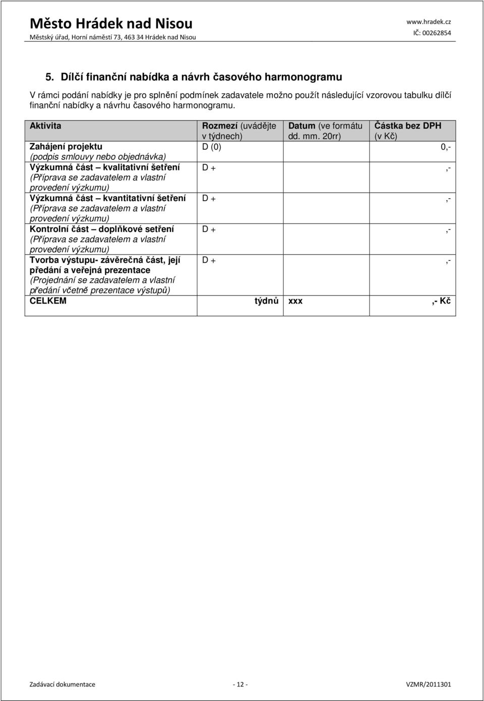 20rr) Částka bez DPH (v Kč) Zahájení projektu D (0) 0,- (podpis smlouvy nebo objednávka) Výzkumná část kvalitativní šetření D +,- (Příprava se zadavatelem a vlastní provedení výzkumu) Výzkumná část