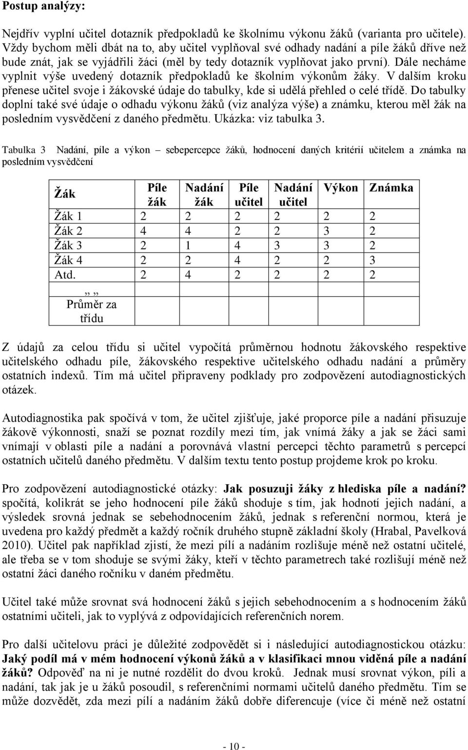 Dále necháme vyplnit výše uvedený dotazník předpokladů ke školním výkonům žáky. V dalším kroku přenese učitel svoje i žákovské údaje do tabulky, kde si udělá přehled o celé třídě.