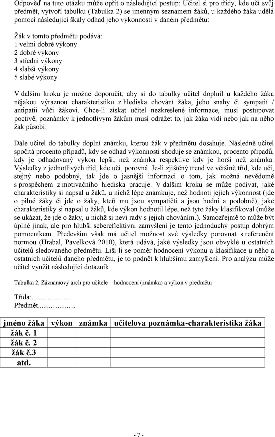 tabulky učitel doplnil u každého žáka nějakou výraznou charakteristiku z hlediska chování žáka, jeho snahy či sympatií / antipatií vůči žákovi.