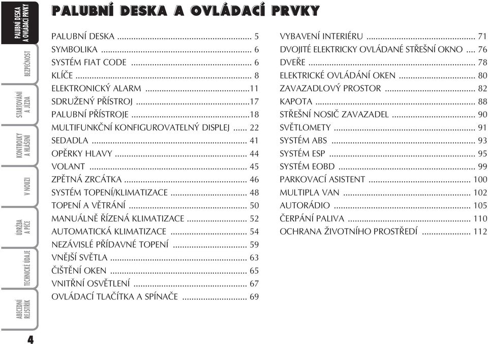 .. 41 SYSTÉM ABS... 93 OPĚRKY HLAVY... 44 SYSTÉM ESP... 95 VOLANT... 45 SYSTÉM EOBD... 99 ZPĚTNÁ ZRCÁTKA... 46 PARKOVACÍ ASISTENT... 100 SYSTÉM TOPENÍ/KLIMATIZACE... 48 MULTIPLA VAN.