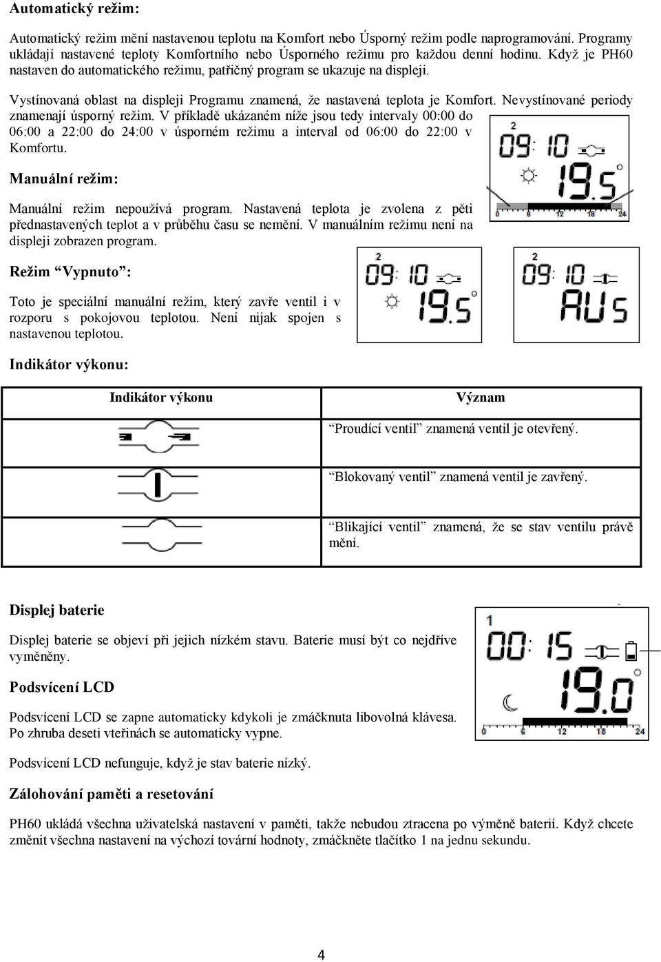 Vystínovaná oblast na displeji Programu znamená, že nastavená teplota je Komfort. Nevystínované periody znamenají úsporný režim.