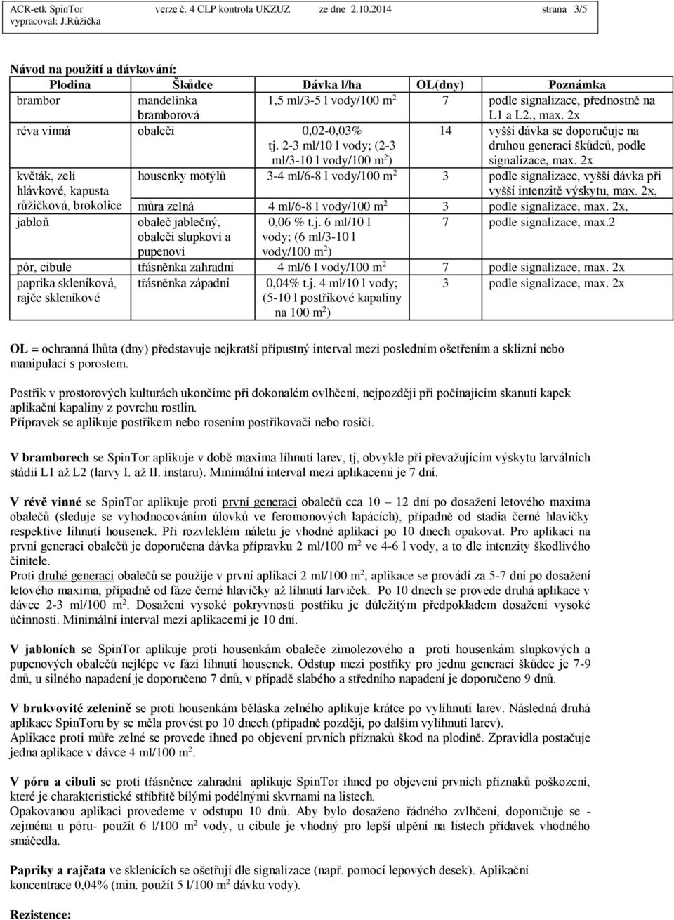 2x réva vinná obaleči 0,02-0,03% tj. 2-3 ml/10 l vody; (2-3 ml/3-10 l vody/100 m 2 ) 14 vyšší dávka se doporučuje na druhou generaci škůdců, podle signalizace, max.