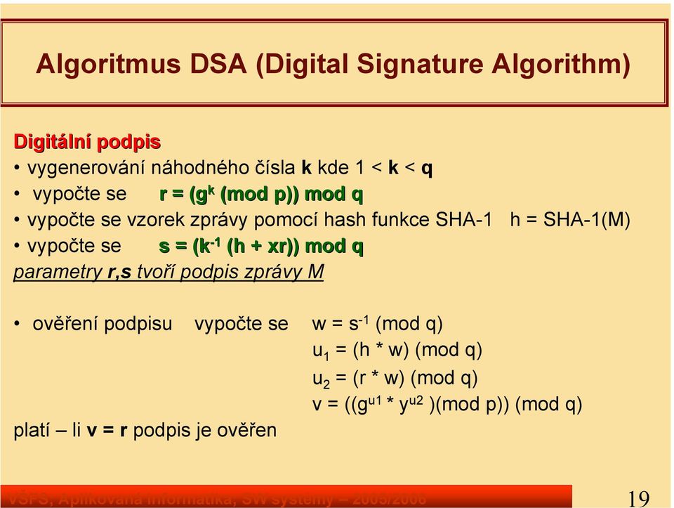 SHA-1 vypočte se s = (k - 1 (h h + xr)) mod q parametry r,s tvoří podpis zprávy M h = SHA-1(M) ověření podpisu vypočte se w