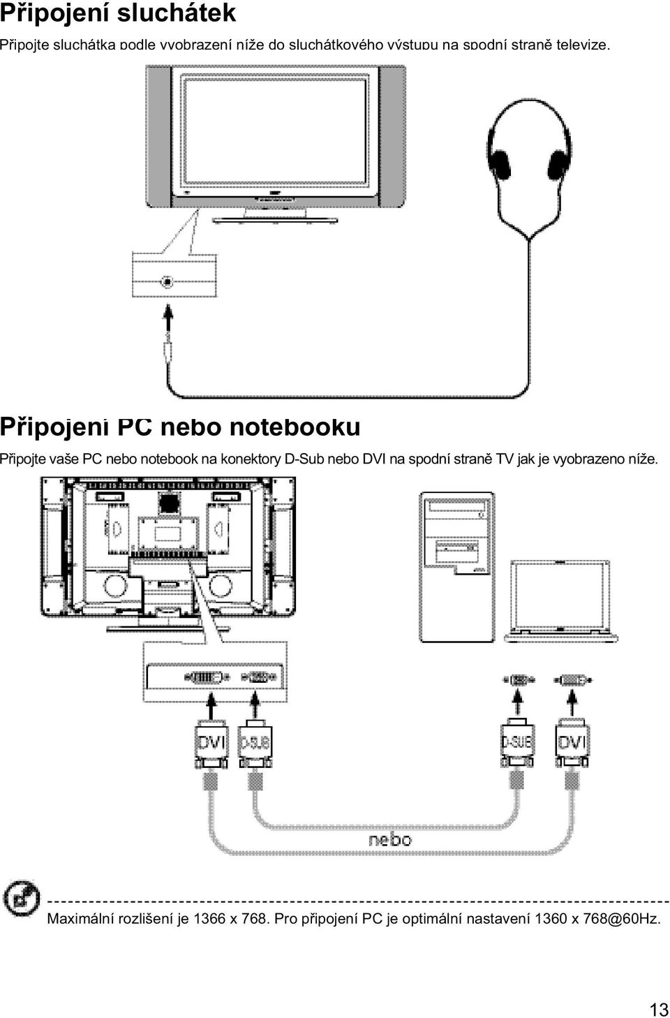 Připojení PC nebo notebooku Připojte vaše PC nebo notebook na konektory D-Sub nebo
