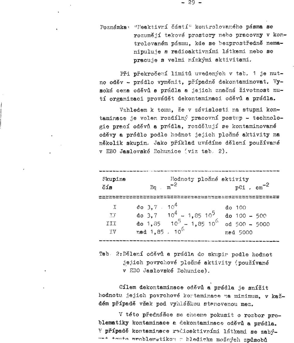 aktivitami. Při překročení limitů uvedených v tafc, 1 je nutno oděv ~ prádlo vyměnit, připadne dekontaminovat.