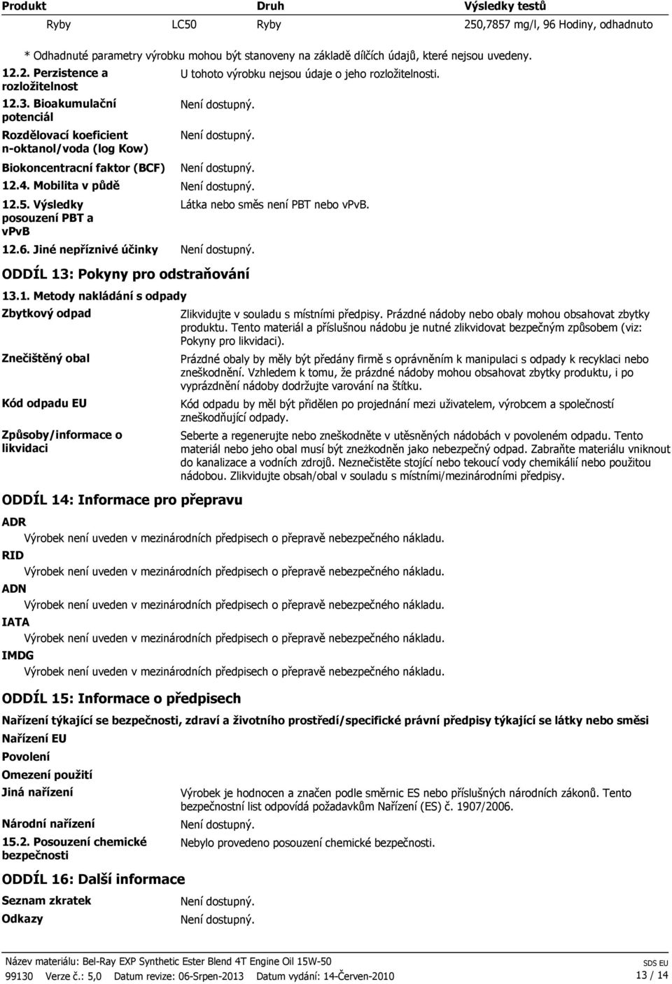 posouzení PBT a vpvb 12.6. Jiné nepříznivé účinky ODDÍL 13: Pokyny pro odstraňování 13.1. Metody nakládání s odpady Zbytkový odpad Zlikvidujte v souladu s místními předpisy.