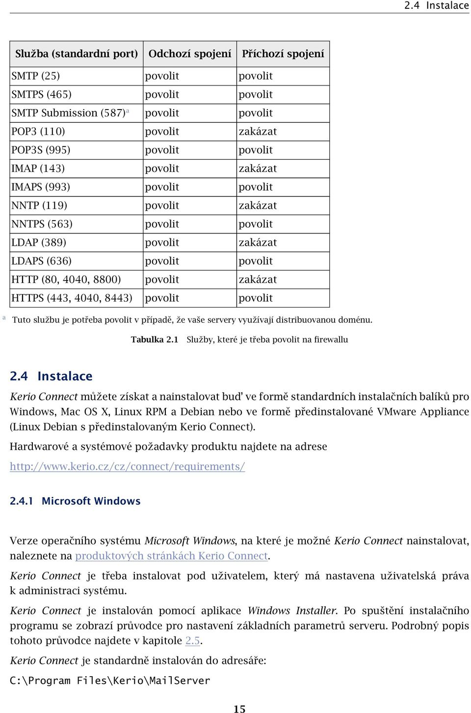 4040, 8800) povolit zakázat HTTPS (443, 4040, 8443) povolit povolit a Tuto službu je potřeba povolit v případě, že vaše servery využívají distribuovanou doménu. Tabulka 2.