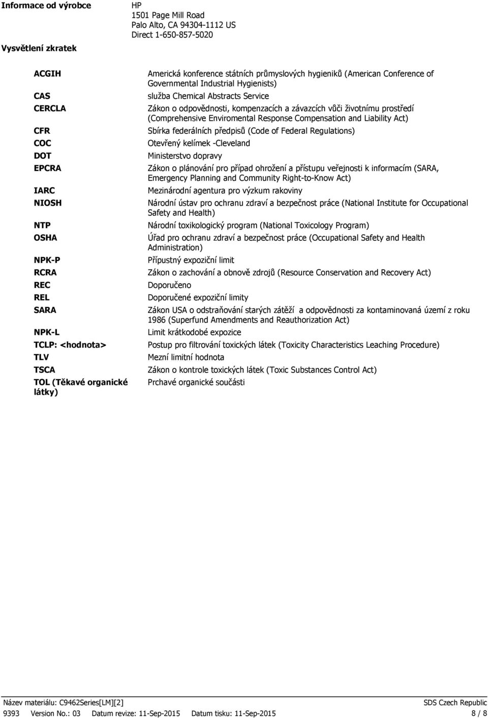 o odpovědnosti, kompenzacích a závazcích vůči životnímu prostředí (Comprehensive Enviromental Response Compensation and Liability Act) Sbírka federálních předpisů (Code of Federal Regulations)