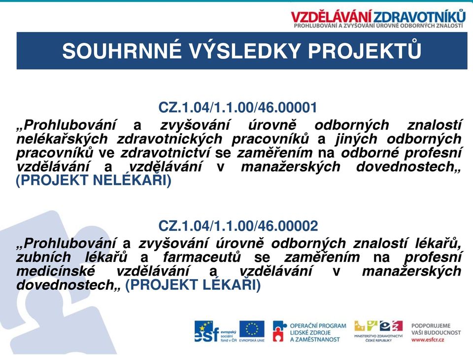 ve zdravotnictví se zaměřením na odborné profesní vzdělávání a vzdělávání v manažerských dovednostech (PROJEKT NELÉKAŘI) CZ.1.