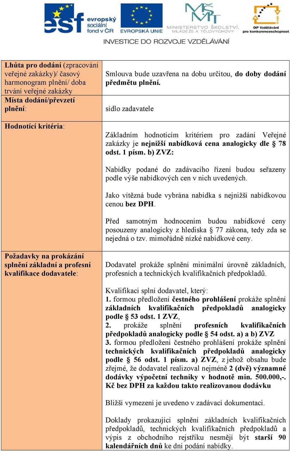 b) ZVZ: Nabídky podané do zadávacího řízení budou seřazeny podle výše nabídkových cen v nich uvedených. Jako vítězná bude vybrána nabídka s nejnižší nabídkovou cenou bez DPH.