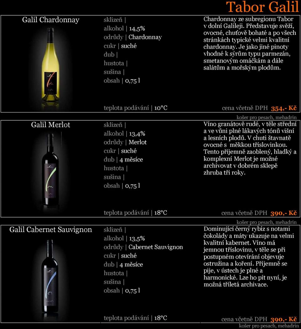 teplota podávání 10 C Galil Merlot sklizeň alkohol 13,4% odrůdy Merlot dub 4 měsíce cena včetně DPH 354,- Kč Víno granátově rudé, v těle střední a ve vůni plné lákavých tónů višní a lesních plodů.