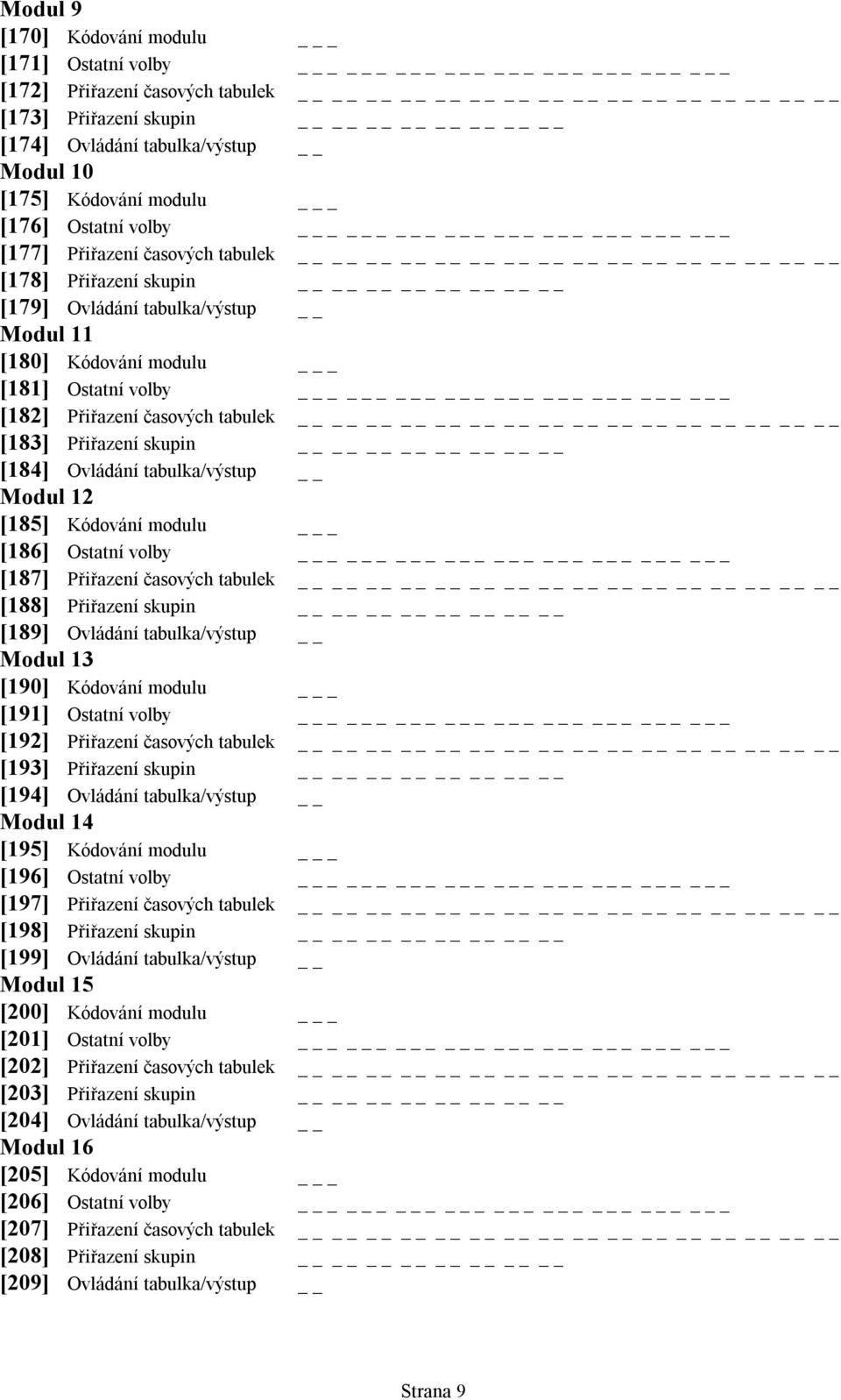 [184] Ovládání tabulka/výstup Modul 12 [185] Kódování modulu _ [186] Ostatní volby _ [187] Přiřazení časových tabulek [188] Přiřazení skupin [189] Ovládání tabulka/výstup Modul 13 [190] Kódování