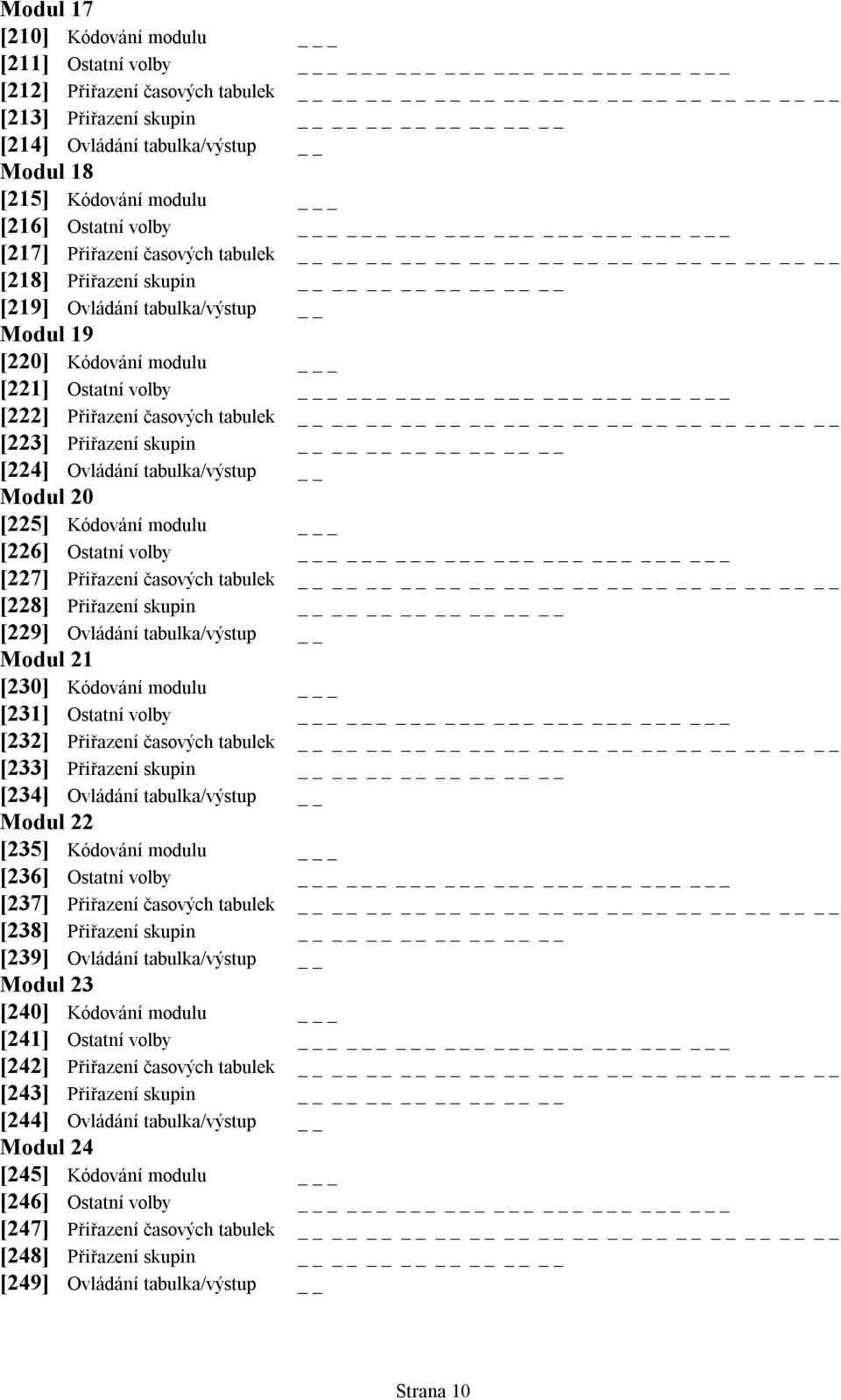 [224] Ovládání tabulka/výstup Modul 20 [225] Kódování modulu _ [226] Ostatní volby _ [227] Přiřazení časových tabulek [228] Přiřazení skupin [229] Ovládání tabulka/výstup Modul 21 [230] Kódování