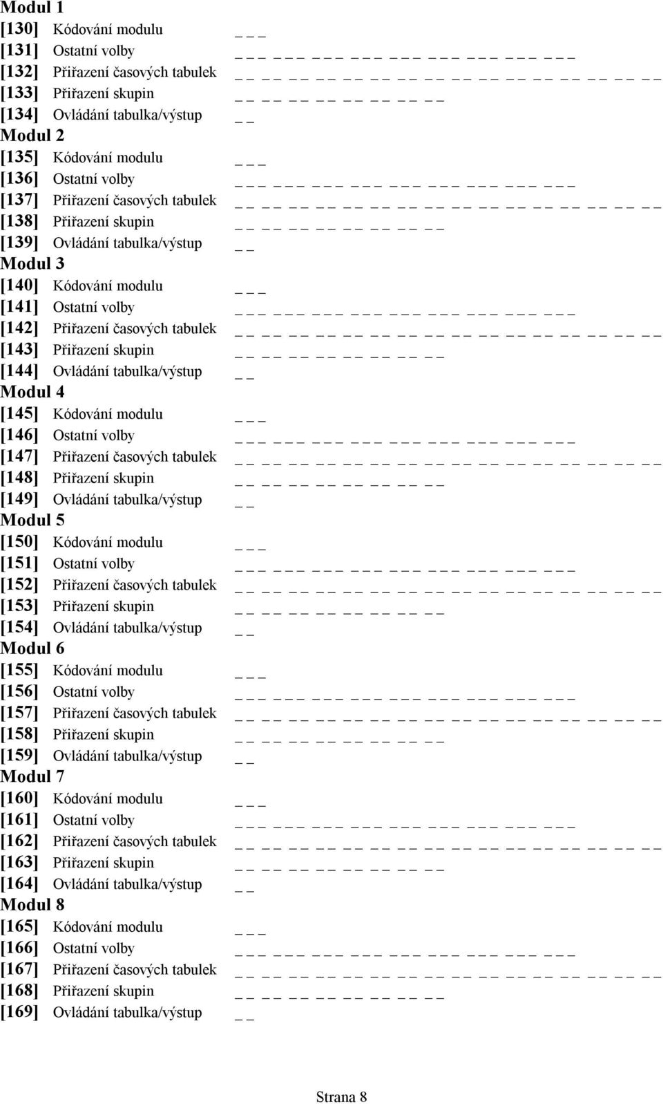 Ovládání tabulka/výstup Modul 4 [145] Kódování modulu _ [146] Ostatní volby _ [147] Přiřazení časových tabulek [148] Přiřazení skupin [149] Ovládání tabulka/výstup Modul 5 [150] Kódování modulu _