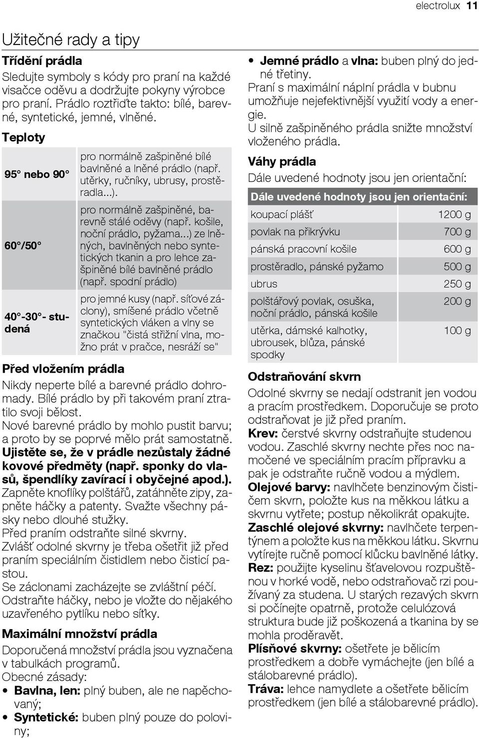 pro normálně zašpiněné, barevně stálé oděvy (např. košile, noční prádlo, pyžama...) ze lněných, bavlněných nebo synte- 60 /50 tických tkanin a pro lehce zašpiněné bílé bavlněné prádlo (např.