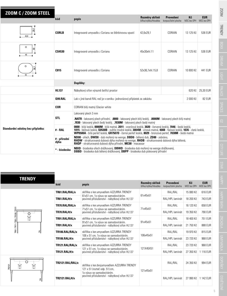 RAL Lak v jiné barvě RAL než je v ceníku- jednorázový příplatek za zakázku 2 000 82 COR STL # - RAL # - přírodní dýha * - biodeska CORIAN bílý matný Glacier white Lakovaný plech 3 mm.