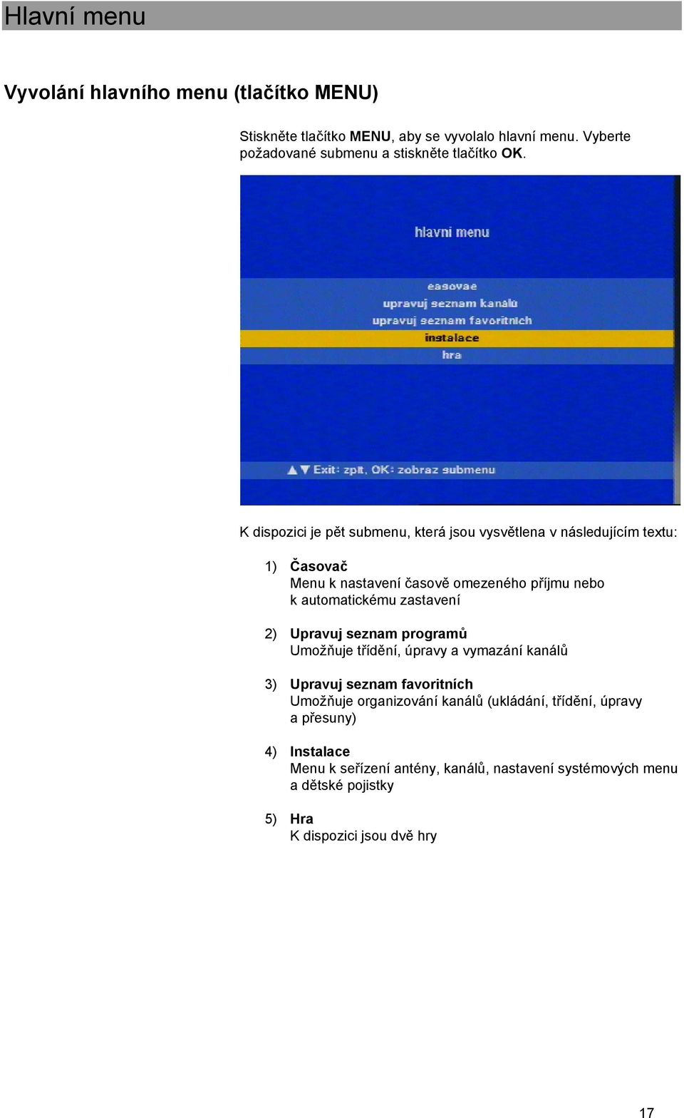 K dispozici je pět submenu, která jsou vysvětlena v následujícím textu: 1) Časovač Menu k nastavení časově omezeného příjmu nebo k automatickému