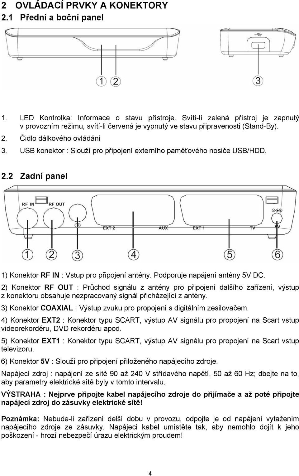 USB konektor : Slouží pro připojení externího paměťového nosiče USB/HDD. 2.2 Zadní panel 1) Konektor RF IN : Vstup pro připojení antény. Podporuje napájení antény 5V DC.