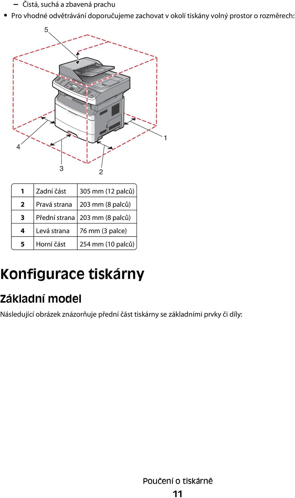 mm (8 palců) 4 Levá strana 76 mm (3 palce) 5 Horní část 254 mm (10 palců) Konfigurace tiskárny Základní