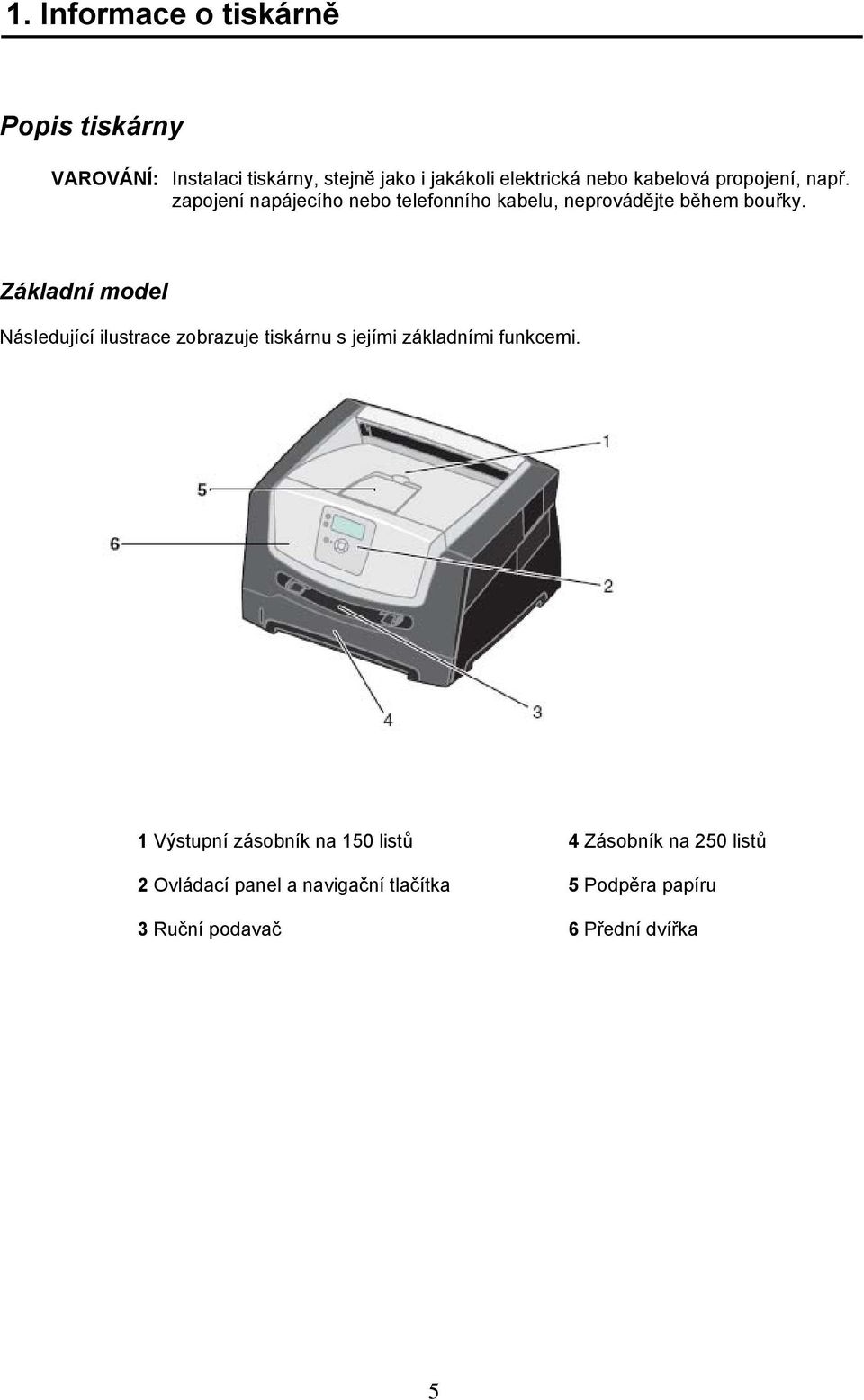 Základní model Následující ilustrace zobrazuje tiskárnu s jejími základními funkcemi.