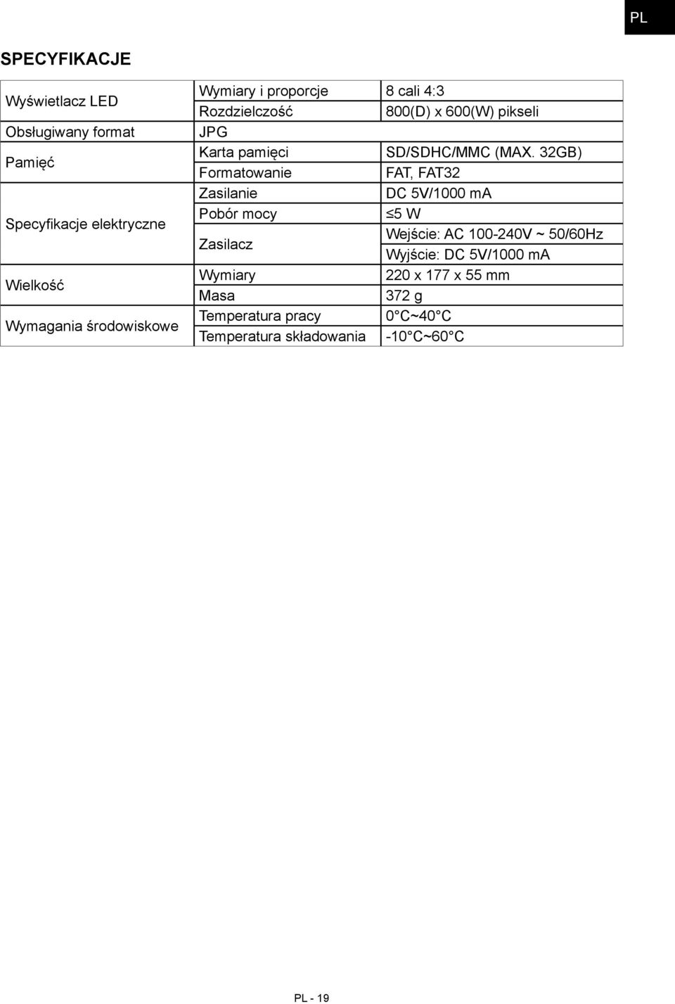 32GB) Formatowanie FAT, FAT32 Zasilanie DC 5V/1000 ma Pobór mocy 5 W Zasilacz Wejście: AC 100-240V ~ 50/60Hz