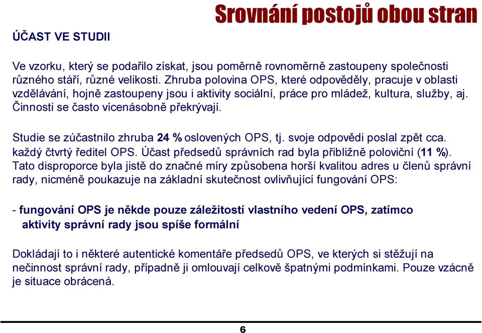 Studie se zúčastnilo zhruba 24 % oslovených OPS, tj. svoje odpovědi poslal zpět cca. každý čtvrtý ředitel OPS. Účast předsedů správních rad byla přibližně poloviční (11 %).