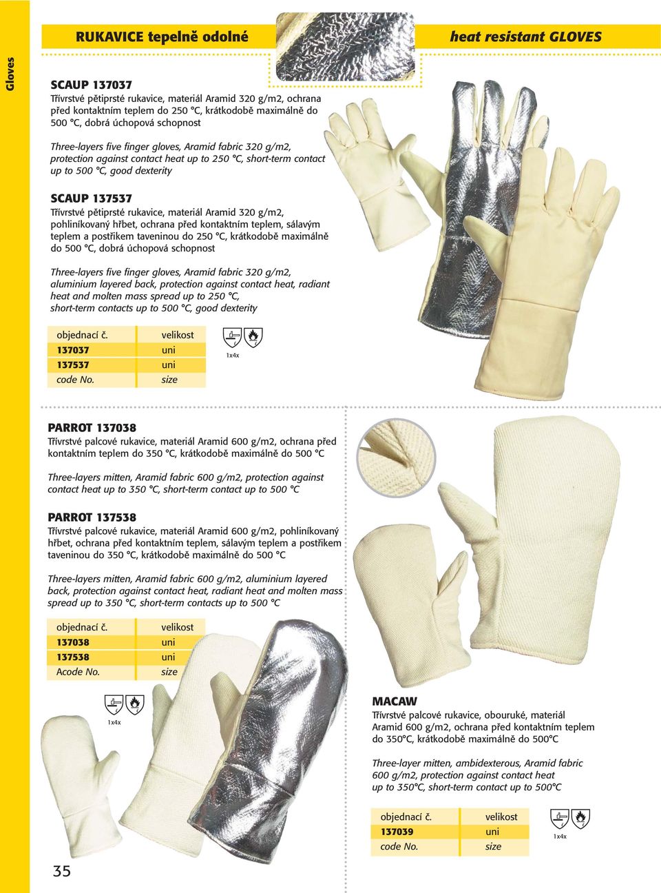 pětiprsté rukavice, materiál Aramid 320 g/m2, pohliníkovaný hřbet, ochrana před kontaktním teplem, sálavým teplem a postřikem taveninou do 250 C, krátkodobě maximálně do 500 C, dobrá úchopová