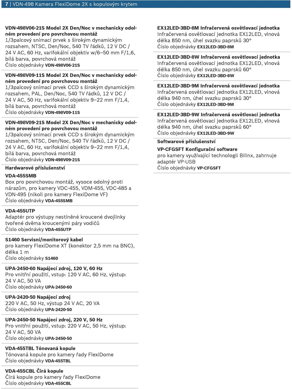 objednávky VDN-498V09-11S VDN-498V09-21S Model 2X Den/Noc v mechanicky odolném pro povrchovo montáž 24 V AC, 60 Hz, varifokální objektiv 9 22 mm F/1,4, Číslo objednávky VDN-498V09-21S Hardwarové