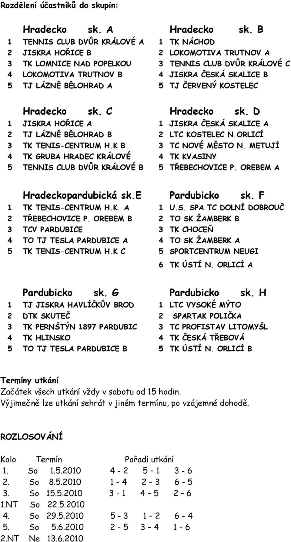 BĚLOHRAD A 5 TJ ČERVENÝ KOSTELEC Hradecko sk. C Hradecko sk. D 1 JISKRA HOŘICE A 1 JISKRA ČESKÁ SKALICE A 2 TJ LÁZNĚ BĚLOHRAD B 2 LTC KOSTELEC N.ORLICÍ 3 TK TENIS-CENTRUM H.K B 3 TC NOVÉ MĚSTO N.