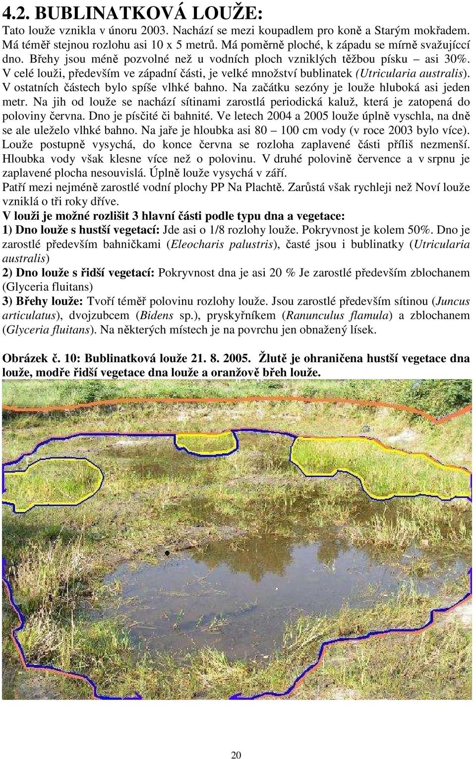 V celé louži, především ve západní části, je velké množství bublinatek (Utricularia australis). V ostatních částech bylo spíše vlhké bahno. Na začátku sezóny je louže hluboká asi jeden metr.