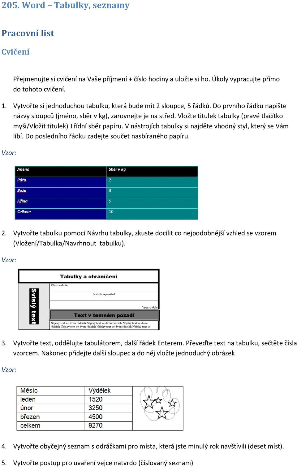 Vložte titulek tabulky (pravé tlačítko myši/vložit titulek) Třídní sběr papíru. V nástrojích tabulky si najděte vhodný styl, který se Vám líbí. Do posledního řádku zadejte součet nasbíraného papíru.