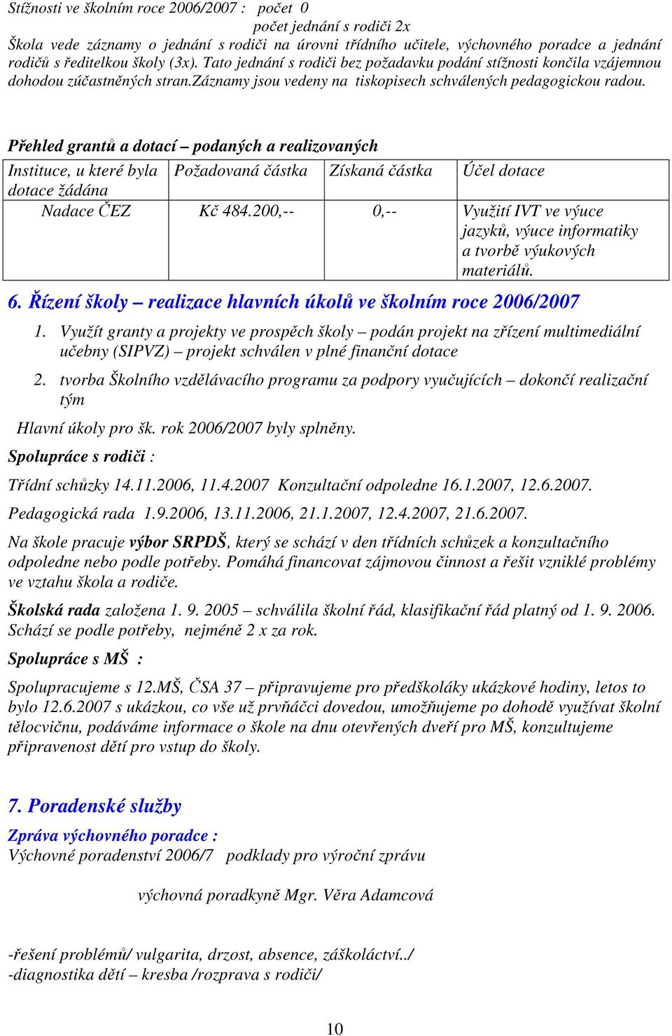 Přehled grantů a dotací podaných a realizovaných Instituce, u které byla Požadovaná částka Získaná částka Účel dotace dotace žádána Nadace ČEZ Kč 484.