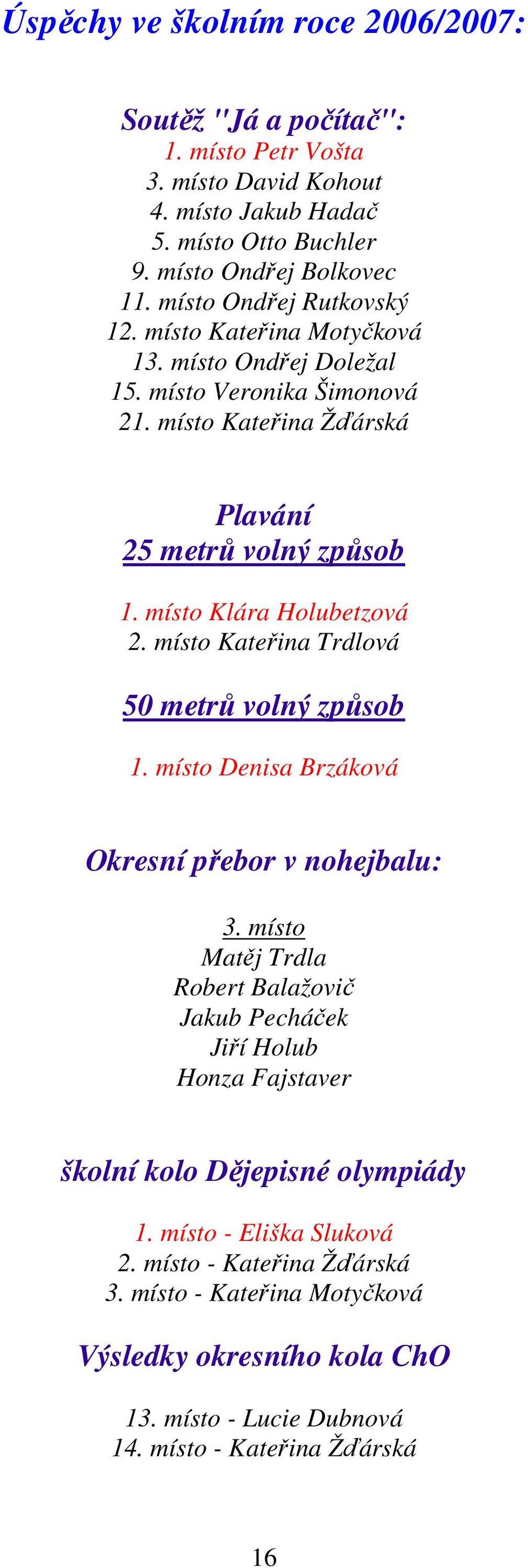 místo Klára Holubetzová 2. místo Kateřina Trdlová 50 metrů volný způsob 1. místo Denisa Brzáková Okresní přebor v nohejbalu: 3.