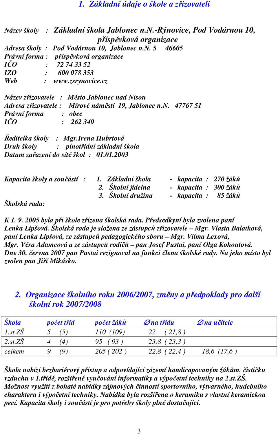 Irena Hubrtová Druh školy : plnotřídní základní škola Datum zařazení do sítě škol : 01.01.2003 Kapacita školy a součástí : 1. Základní škola - kapacita : 270 žáků 2.