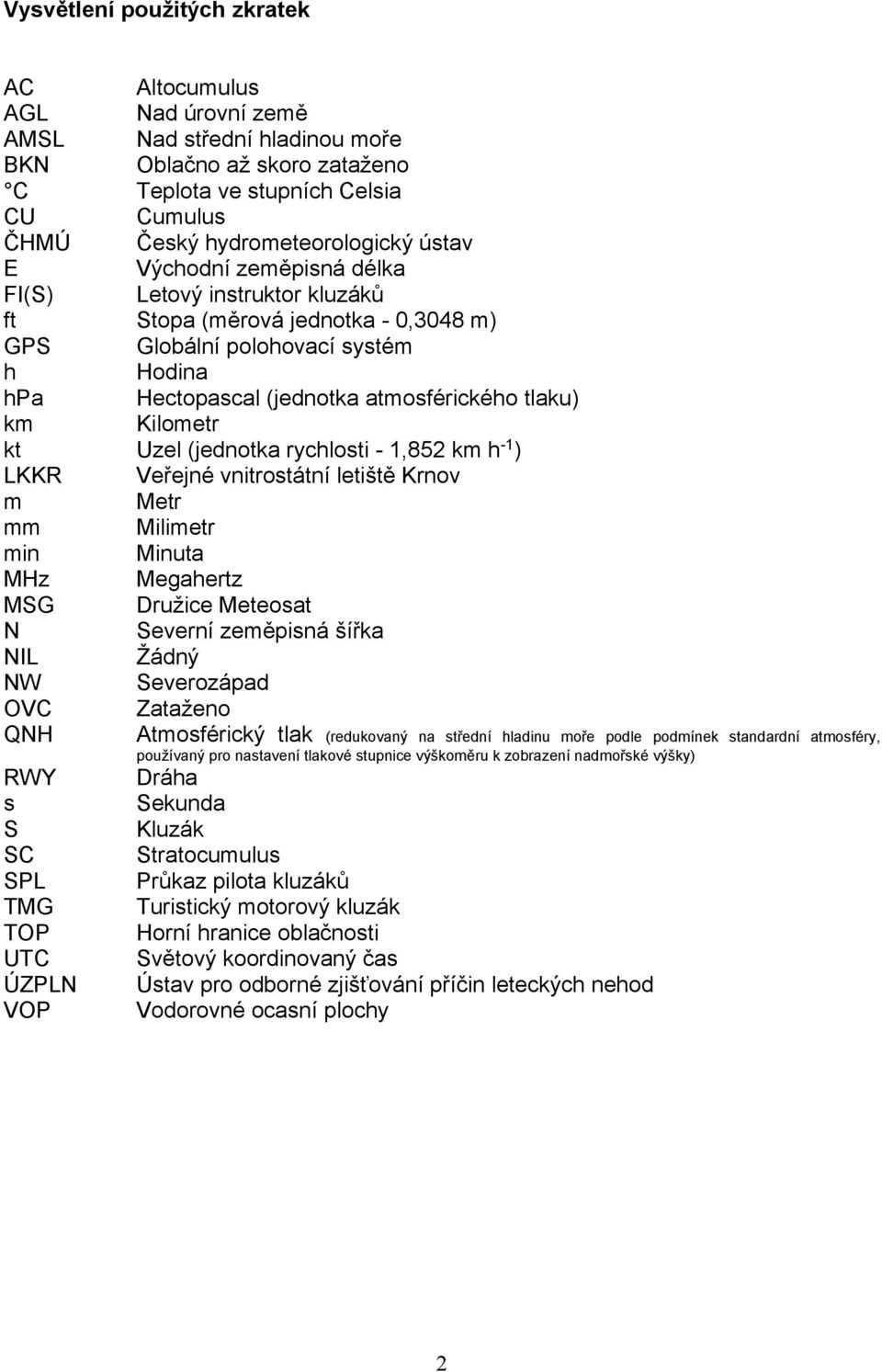 Kilometr kt Uzel (jednotka rychlosti - 1,852 km h -1 ) LKKR Veřejné vnitrostátní letiště Krnov m Metr mm Milimetr min Minuta MHz Megahertz MSG Družice Meteosat N Severní zeměpisná šířka NIL Žádný NW