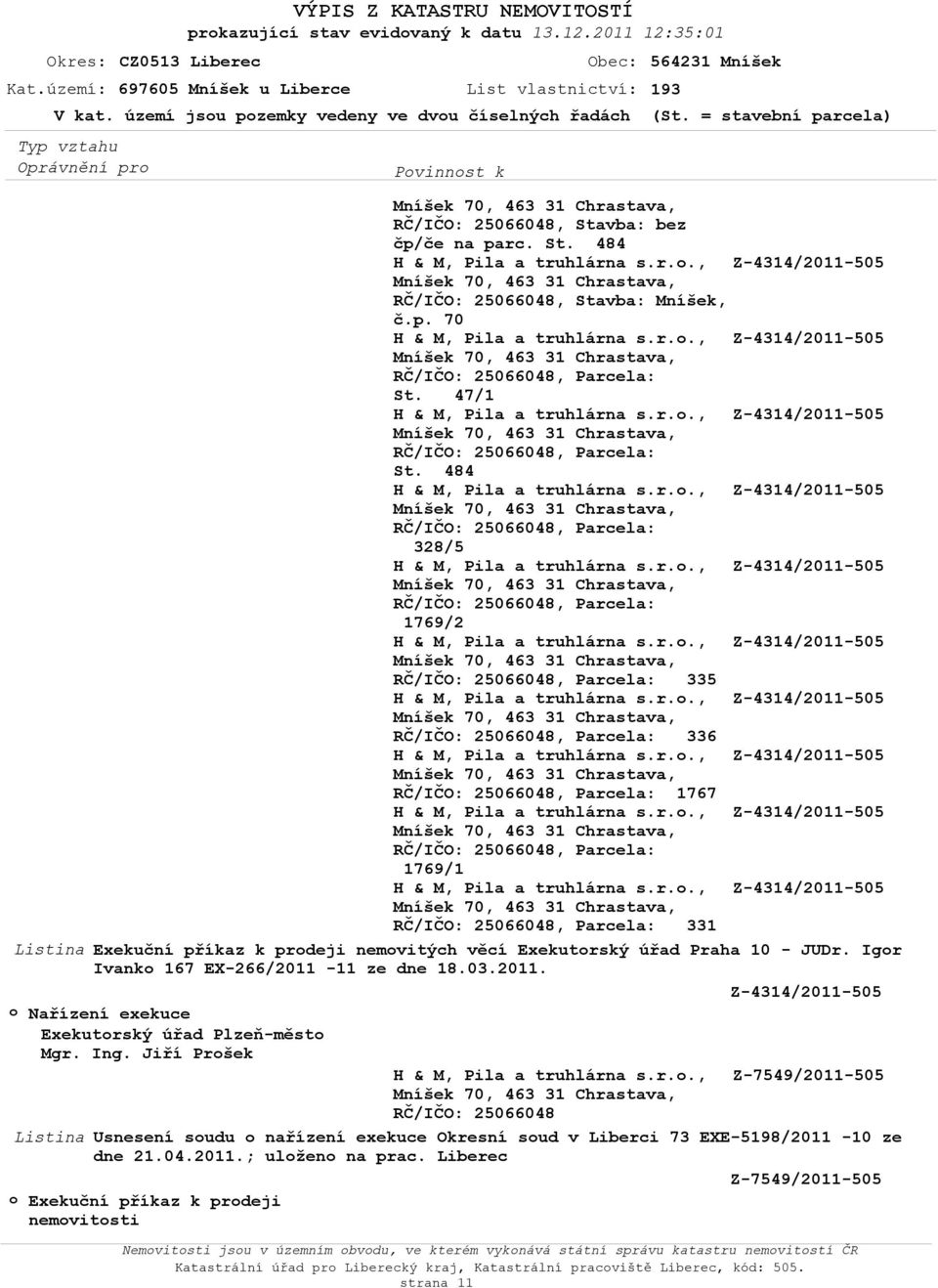 Z-4314/2011-505 Z-4314/2011-505 331 Listina Exekuční příkaz k prodeji nemovitých věcí Exekutorský úřad Praha 10 - JUDr.
