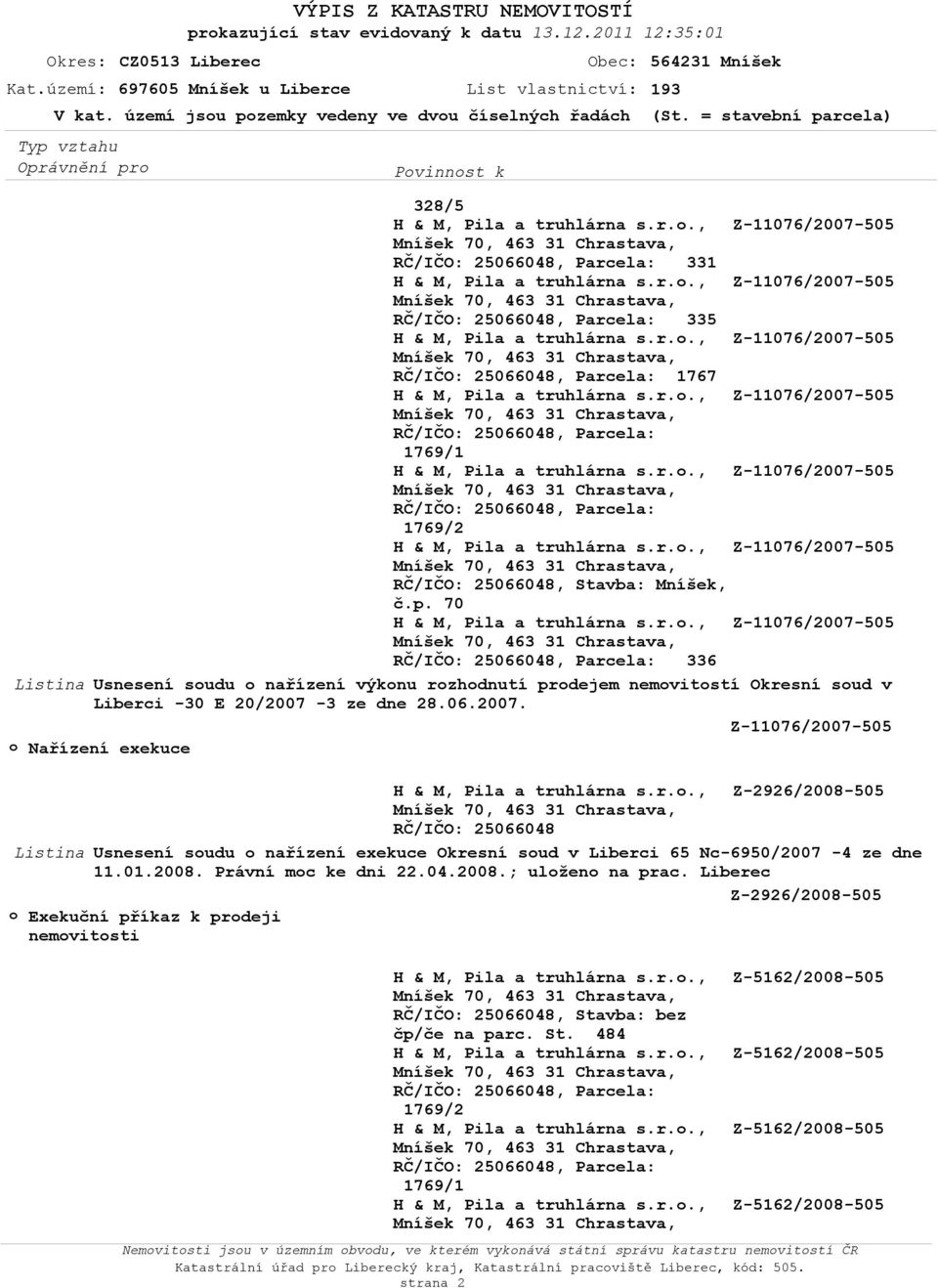 3 ze dne 28.06.2007. Z-11076/2007-505 Z-2926/2008-505 Listina Usnesení soudu o nařízení exekuce Okresní soud v Liberci 65 Nc-6950/2007-4 ze dne 11.01.2008. Právní moc ke dni 22.