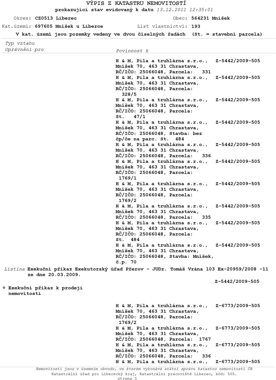 Mníšek, Listina Exekuční příkaz Exekutorský úřad Přerov - JUDr. Tomáš Vrána 103 Ex-20959/2008-11 ze dne 20.03.2009.