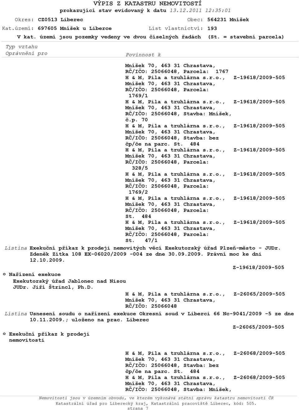 Zdeněk Zítka 108 EX-06020/2009-004 ze dne 30.09.2009. Právní moc ke dni 12.10.2009. Z-19618/2009-505 Exekutorský úřad Jablonec nad Nisou JUDr