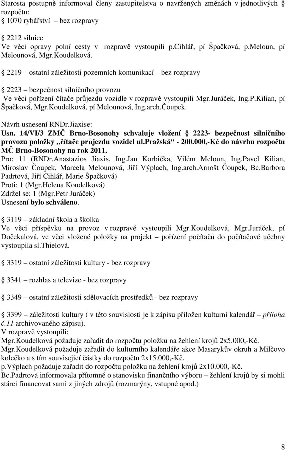 2219 ostatní záležitosti pozemních komunikací bez rozpravy 2223 bezpečnost silničního provozu Ve věci pořízení čítače průjezdu vozidle v rozpravě vystoupili Mgr.Juráček, Ing.P.