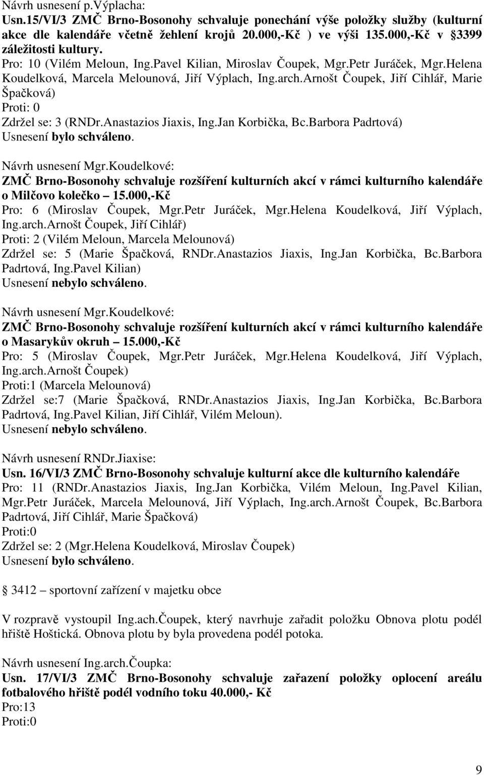 Arnošt Čoupek, Jiří Cihlář, Marie Špačková) Zdržel se: 3 (RNDr.Anastazios Jiaxis, Ing.Jan Korbička, Bc.Barbora Padrtová) Návrh usnesení Mgr.