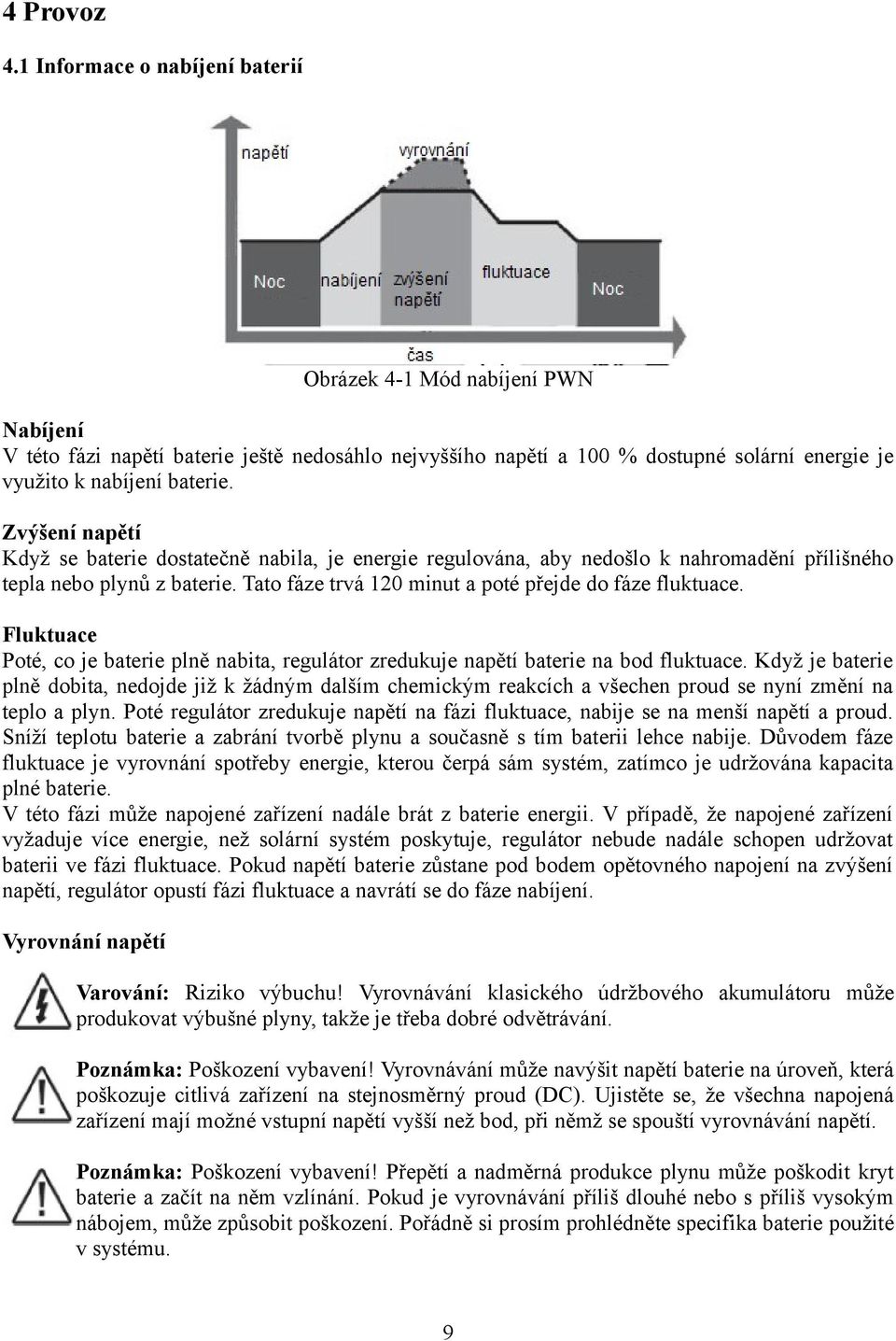 Zvýšení napětí Když se baterie dostatečně nabila, je energie regulována, aby nedošlo k nahromadění přílišného tepla nebo plynů z baterie. Tato fáze trvá 120 minut a poté přejde do fáze fluktuace.