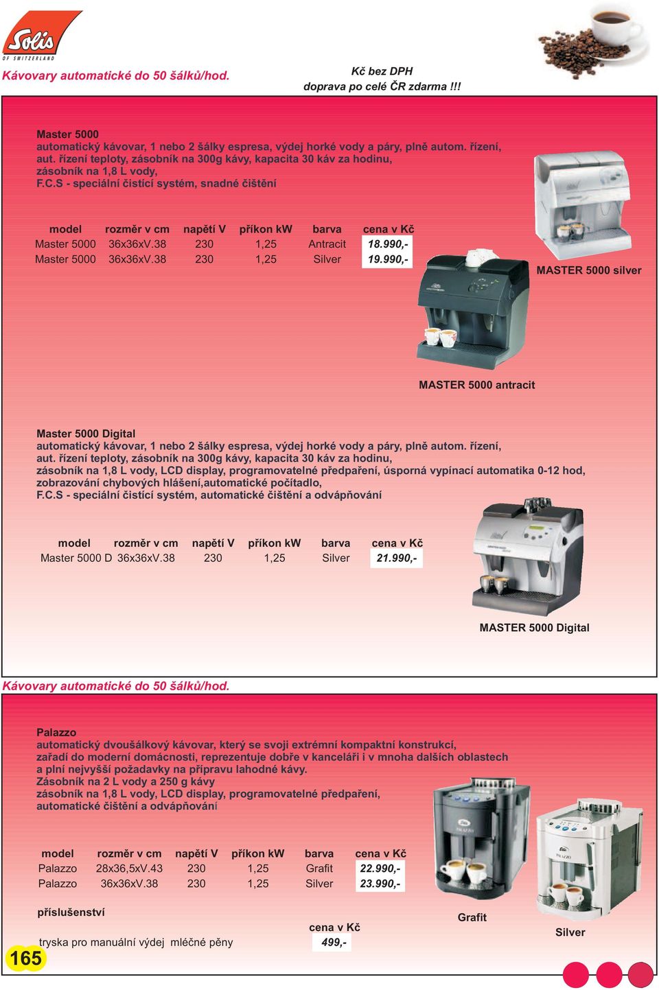 990,- Master 5000 36x36xV.38 230 1,25 Silver 19.990,- MASTER 5000 silver MASTER 5000 antracit Master 5000 Digital automatický kávovar, 1 nebo 2 šálky espresa, výdej horké vody a páry, plnì autom.